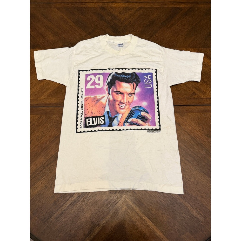 Vintage 1992 Elvis Presley 29 Cent Stamp T-Shirt Anvil Made in USA Large White